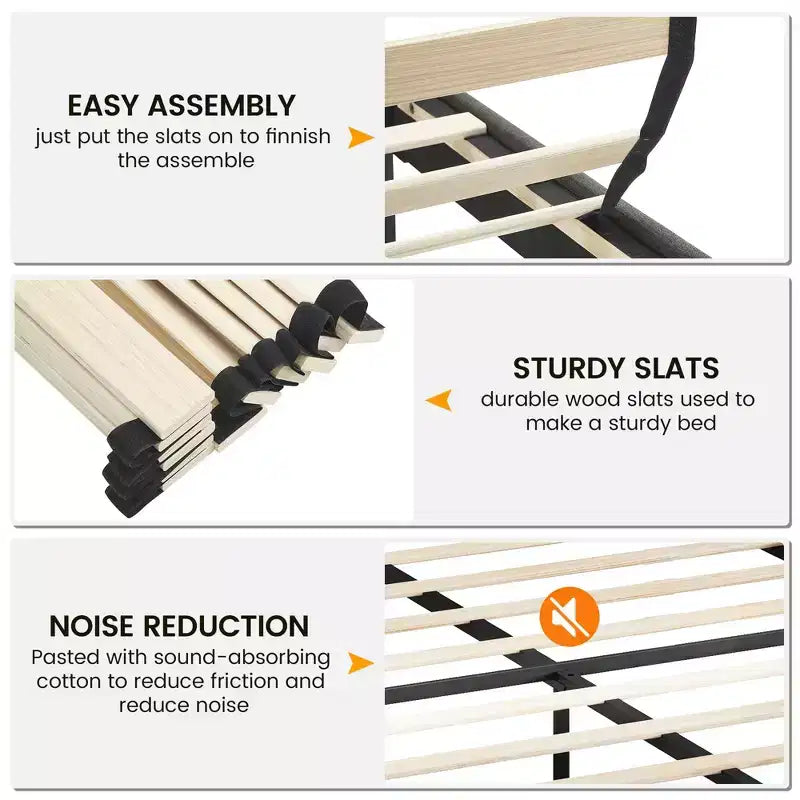 Bed Frame Upholstered Platform Bed with Adjustable Button Tufted & Nailhead Trim Headboard, Wood Slat Support, Noise-Free
