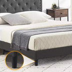 Bed Frame Upholstered Platform Bed with Adjustable Button Tufted & Nailhead Trim Headboard, Wood Slat Support, Noise-Free