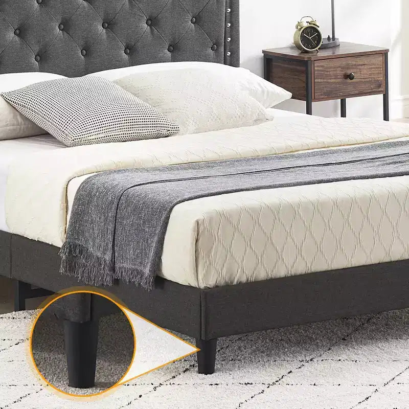 Bed Frame Upholstered Platform Bed with Adjustable Button Tufted & Nailhead Trim Headboard, Wood Slat Support, Noise-Free