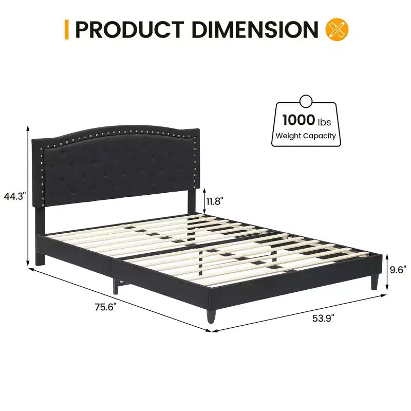 Bed Frame Upholstered Platform Bed with Adjustable Button Tufted & Nailhead Trim Headboard, Wood Slat Support, Noise-Free