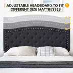 Bed Frame Upholstered Platform Bed with Adjustable Button Tufted & Nailhead Trim Headboard, Wood Slat Support, Noise-Free