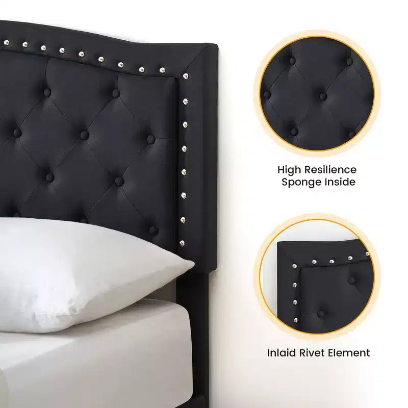 Bed Frame Upholstered Platform Bed with Adjustable Button Tufted & Nailhead Trim Headboard, Wood Slat Support, Noise-Free