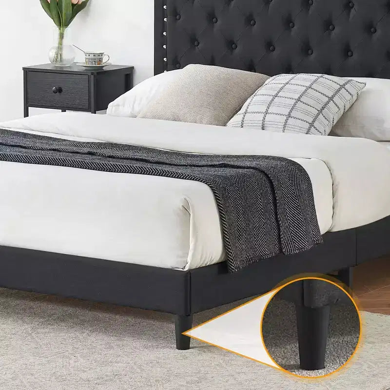 Bed Frame Upholstered Platform Bed with Adjustable Button Tufted & Nailhead Trim Headboard, Wood Slat Support, Noise-Free