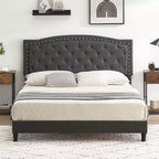 Bed Frame Upholstered Platform Bed with Adjustable Button Tufted & Nailhead Trim Headboard, Wood Slat Support, Noise-Free
