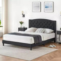 Bed Frame Upholstered Platform Bed with Adjustable Button Tufted & Nailhead Trim Headboard, Wood Slat Support, Noise-Free