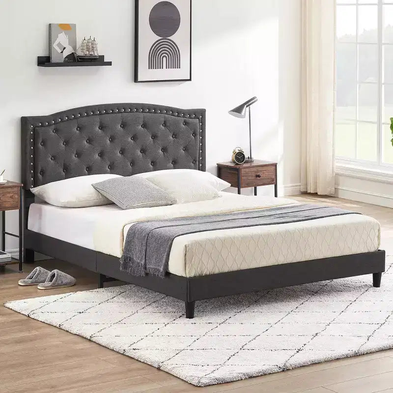 Bed Frame Upholstered Platform Bed with Adjustable Button Tufted & Nailhead Trim Headboard, Wood Slat Support, Noise-Free