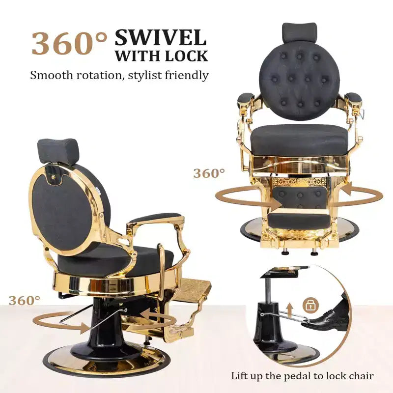 Karl Home Vintage Black With Gold Frame Heavy Duty Hydraulic Recline Barber Chair