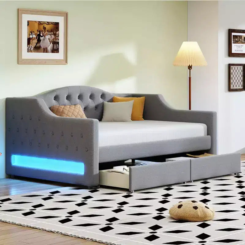 Whisen Upholstered Twin XL Size Daybed with LED Belt and 2 Drawers