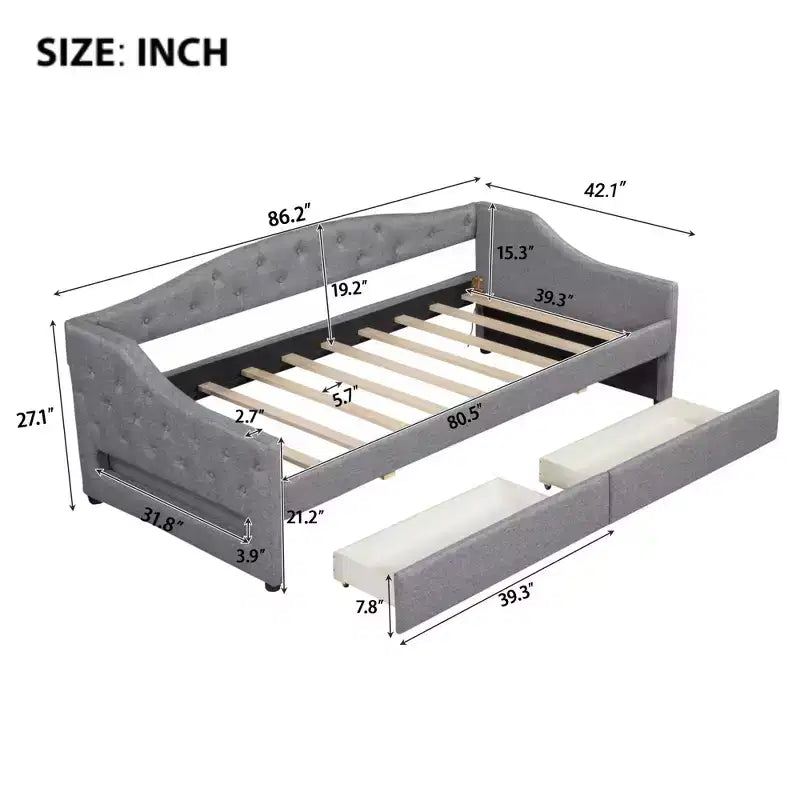 Whisen Upholstered Twin XL Size Daybed with LED Belt and 2 Drawers