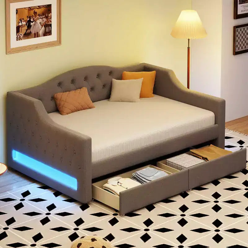 Whisen Upholstered Twin XL Size Daybed with LED Belt and 2 Drawers