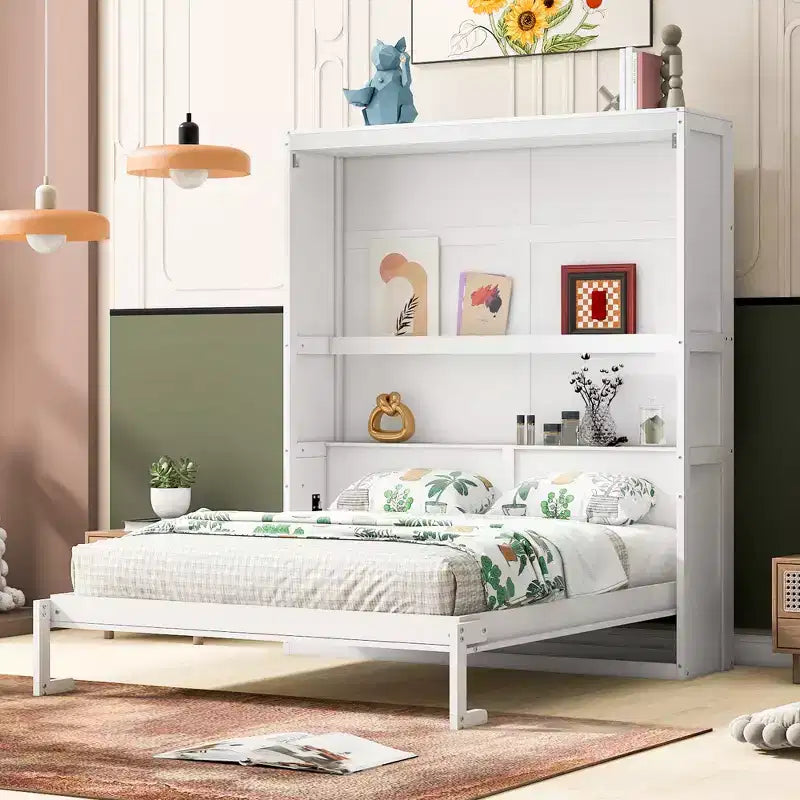 CLIHOME Queen Size Murphy Bed Space-Saving Wall Bed With Shelves