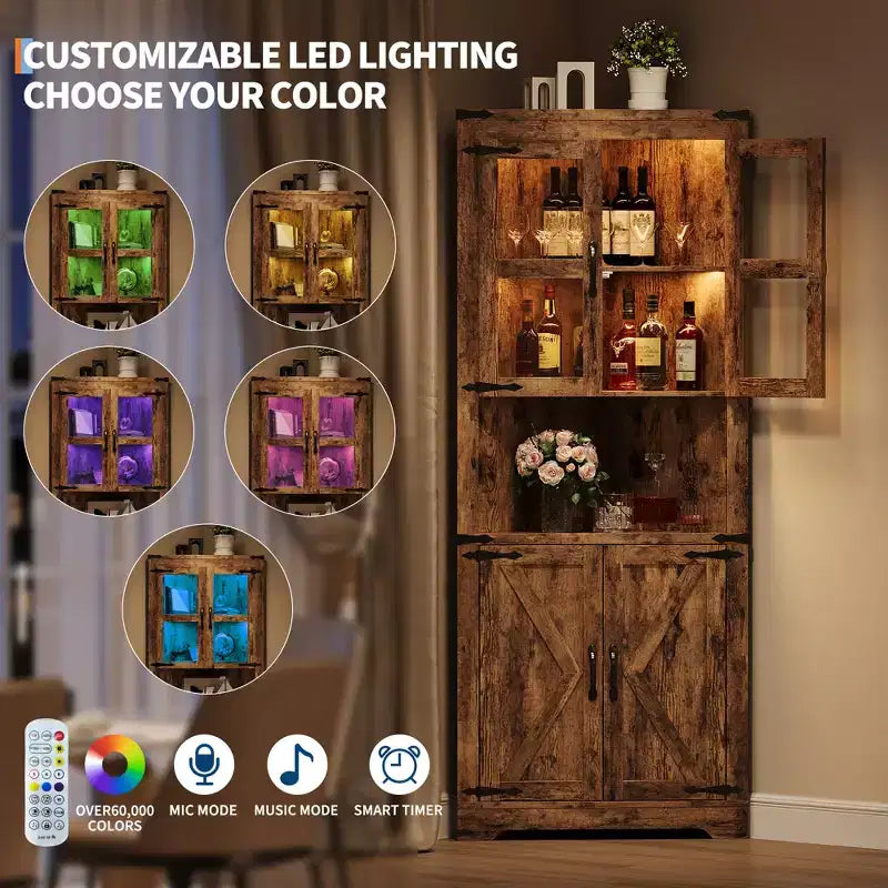 67 Inch Tall Corner Storage Cabinet with Lights, Wooden Farmhouse Corner Hutch Display Cabinet with Glass Doors, for Kitchen, Living Room, Bathroom