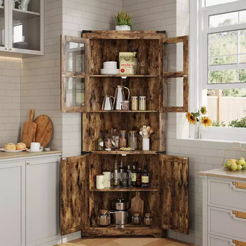 67 Inch Tall Corner Storage Cabinet with Lights, Wooden Farmhouse Corner Hutch Display Cabinet with Glass Doors, for Kitchen, Living Room, Bathroom