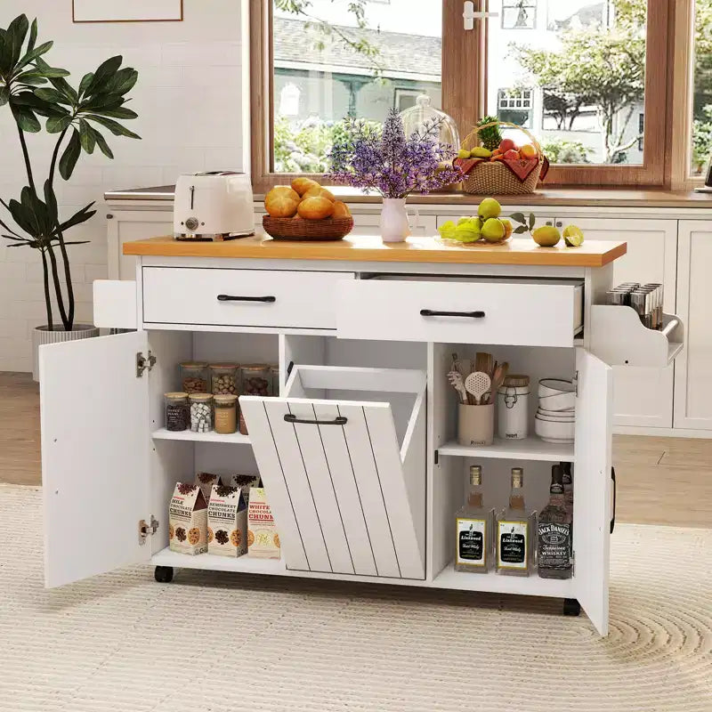 Costway Isola Cucina con Ruote Carrello Cucina con Cestino Porta Rifiuti a Scomparsa Tavolo da Isola Bianco/Nero