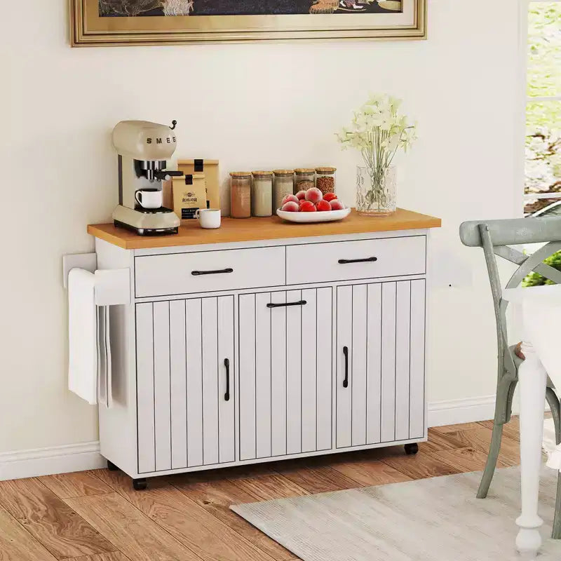 Costway Isola Cucina con Ruote Carrello Cucina con Cestino Porta Rifiuti a Scomparsa Tavolo da Isola Bianco/Nero