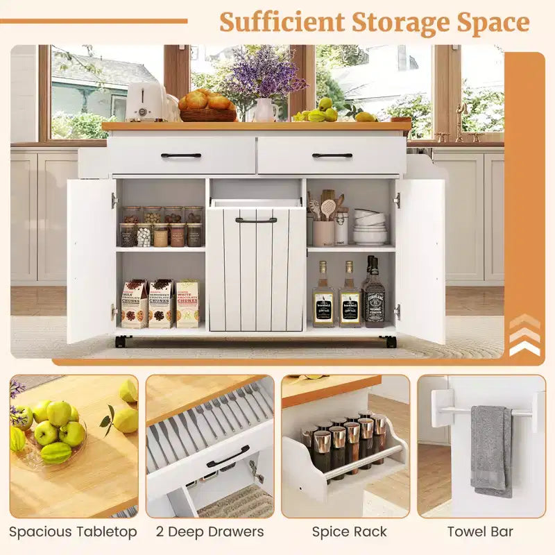 Costway Isola Cucina con Ruote Carrello Cucina con Cestino Porta Rifiuti a Scomparsa Tavolo da Isola Bianco/Nero