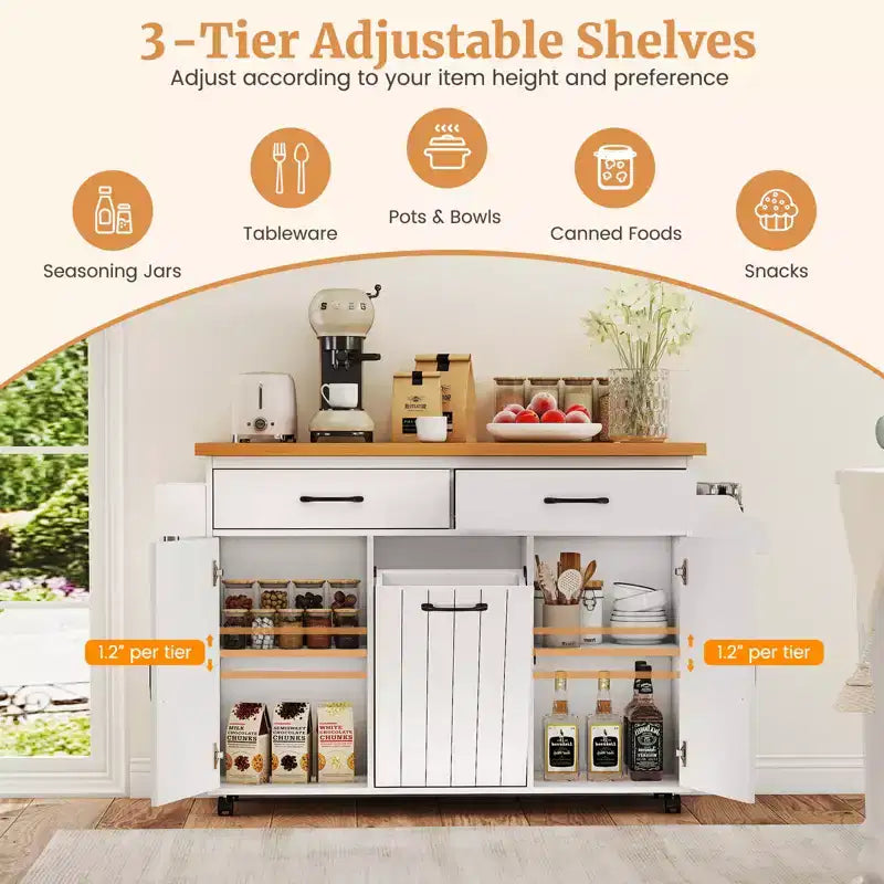 Costway Isola Cucina con Ruote Carrello Cucina con Cestino Porta Rifiuti a Scomparsa Tavolo da Isola Bianco/Nero