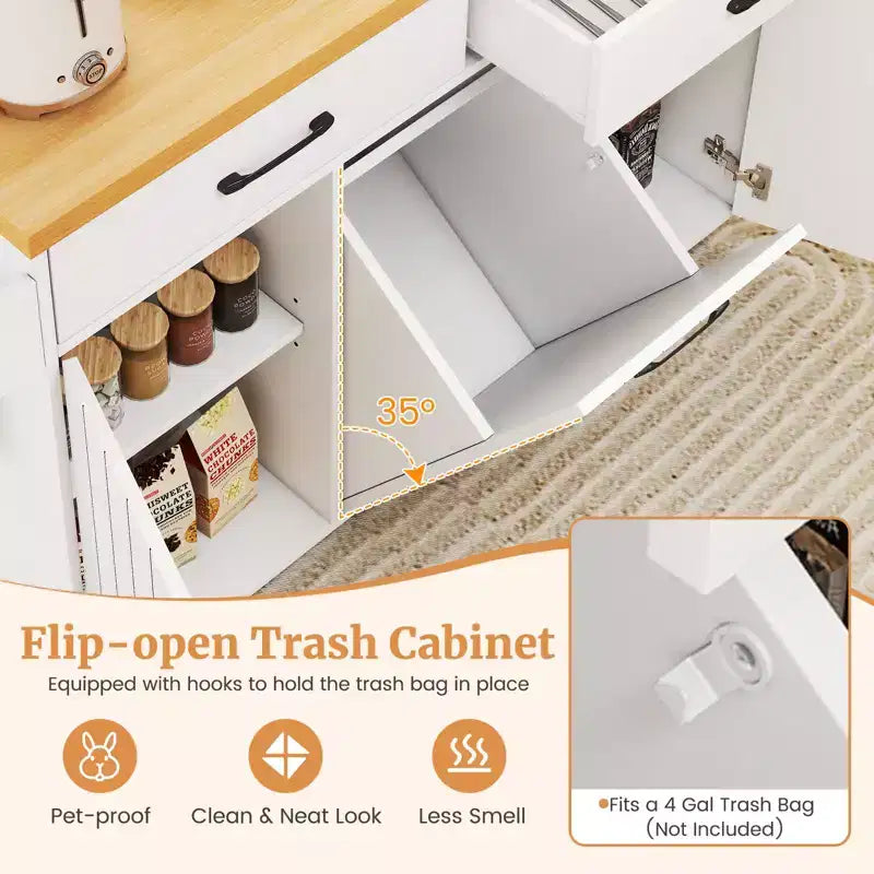Costway Isola Cucina con Ruote Carrello Cucina con Cestino Porta Rifiuti a Scomparsa Tavolo da Isola Bianco/Nero