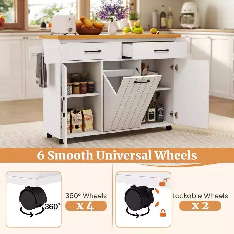 Costway Isola Cucina con Ruote Carrello Cucina con Cestino Porta Rifiuti a Scomparsa Tavolo da Isola Bianco/Nero