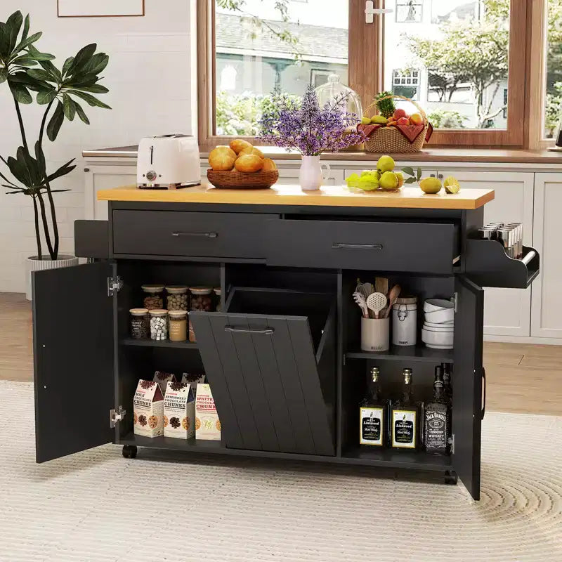 Costway Isola Cucina con Ruote Carrello Cucina con Cestino Porta Rifiuti a Scomparsa Tavolo da Isola Bianco/Nero