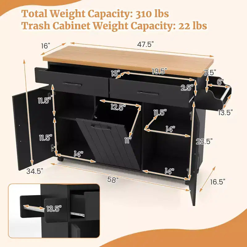 Costway Isola Cucina con Ruote Carrello Cucina con Cestino Porta Rifiuti a Scomparsa Tavolo da Isola Bianco/Nero