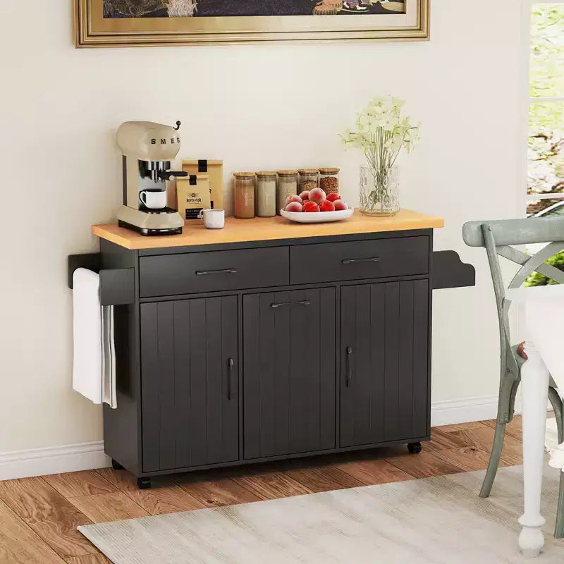 Costway Isola Cucina con Ruote Carrello Cucina con Cestino Porta Rifiuti a Scomparsa Tavolo da Isola Bianco/Nero
