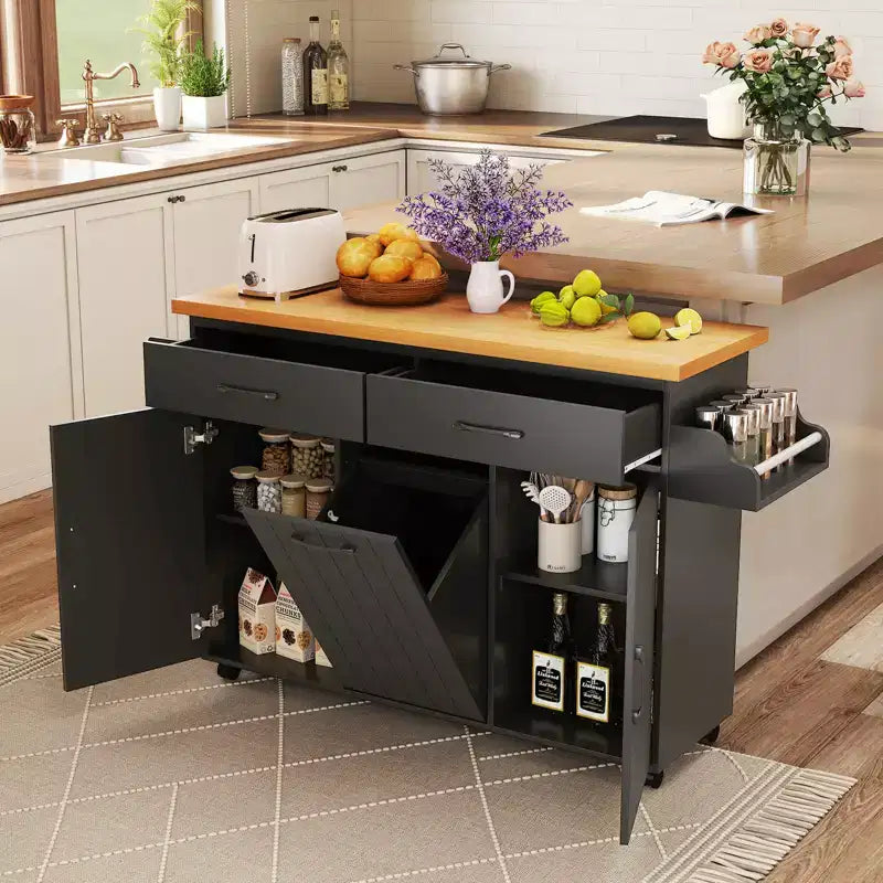 Costway Isola Cucina con Ruote Carrello Cucina con Cestino Porta Rifiuti a Scomparsa Tavolo da Isola Bianco/Nero