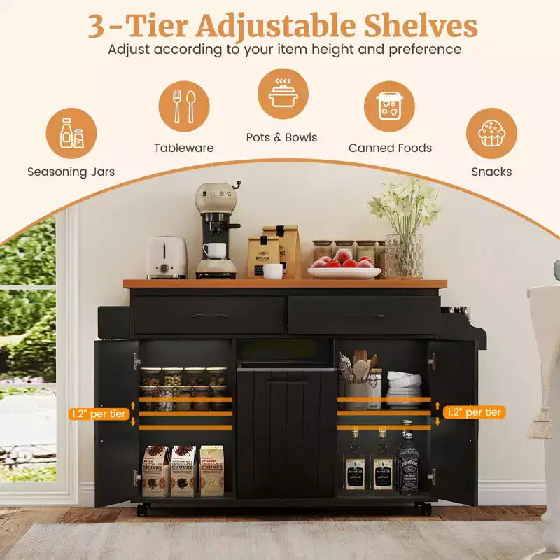 Costway Isola Cucina con Ruote Carrello Cucina con Cestino Porta Rifiuti a Scomparsa Tavolo da Isola Bianco/Nero