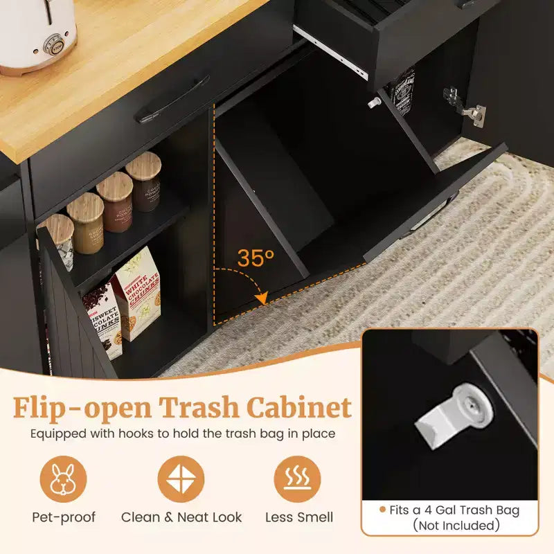 Costway Isola Cucina con Ruote Carrello Cucina con Cestino Porta Rifiuti a Scomparsa Tavolo da Isola Bianco/Nero
