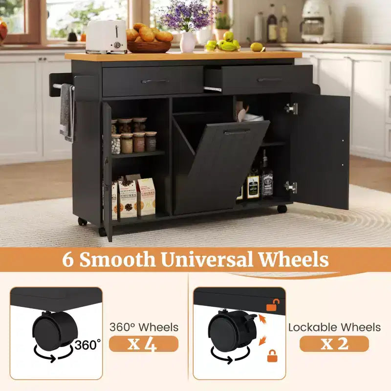 Costway Isola Cucina con Ruote Carrello Cucina con Cestino Porta Rifiuti a Scomparsa Tavolo da Isola Bianco/Nero