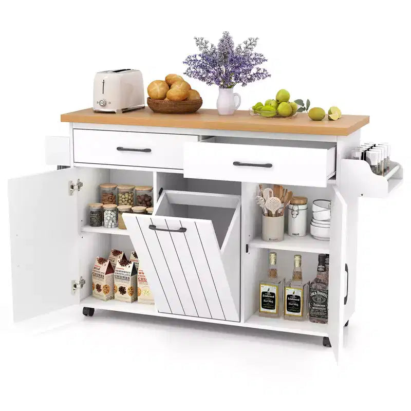 Costway Rolling Kitchen Island Kitchen Cart with Tilt-out Trash Cabinet Island Table White/Black