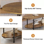 Coffee Table, 2 Tier Wood Oval Coffee Table with Roman Column Metal Legs and Open Shelf, Industrail Center Table Cocktail Tea Table