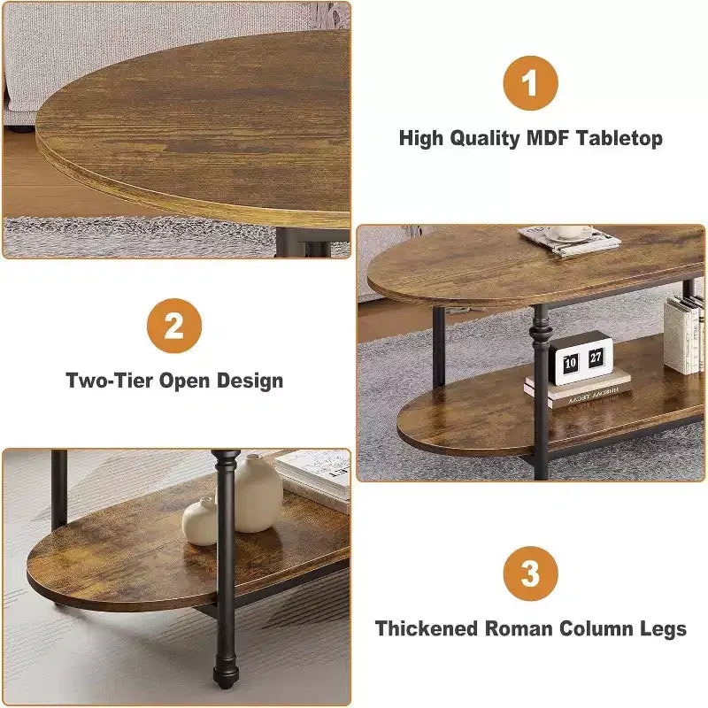 Coffee Table, 2 Tier Wood Oval Coffee Table with Roman Column Metal Legs and Open Shelf, Industrail Center Table Cocktail Tea Table