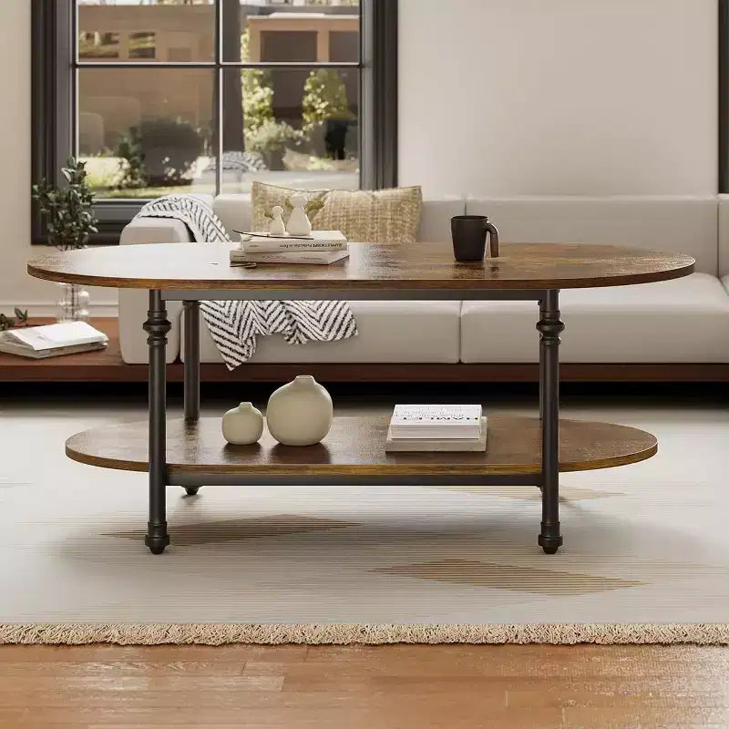 Coffee Table, 2 Tier Wood Oval Coffee Table with Roman Column Metal Legs and Open Shelf, Industrail Center Table Cocktail Tea Table