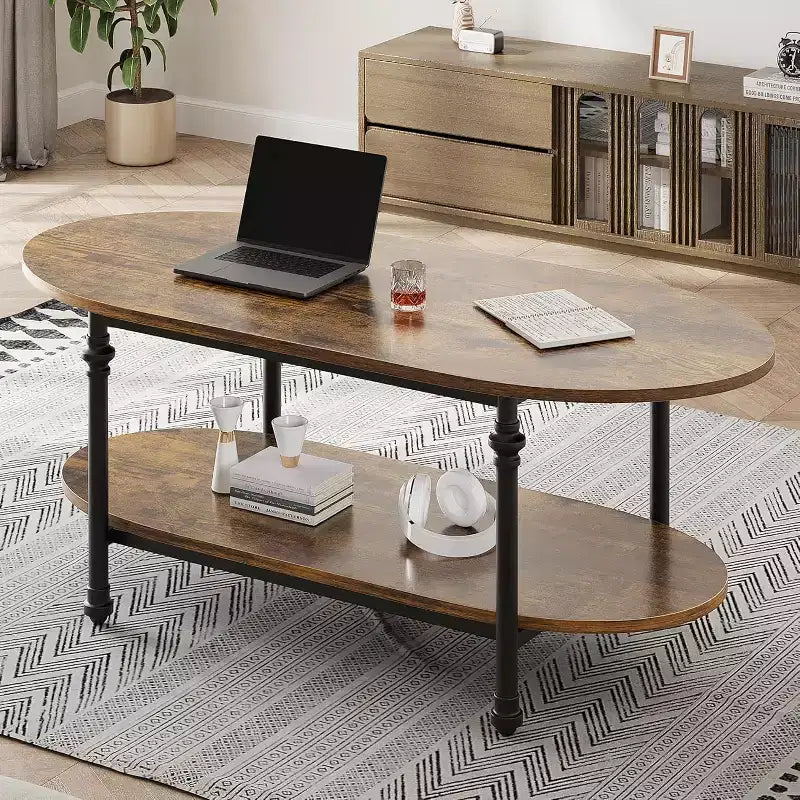 Coffee Table, 2 Tier Wood Oval Coffee Table with Roman Column Metal Legs and Open Shelf, Industrail Center Table Cocktail Tea Table