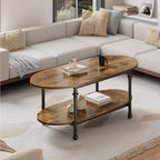 Coffee Table, 2 Tier Wood Oval Coffee Table with Roman Column Metal Legs and Open Shelf, Industrail Center Table Cocktail Tea Table
