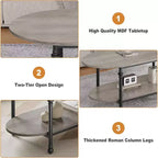 Coffee Table, 2 Tier Wood Oval Coffee Table with Roman Column Metal Legs and Open Shelf, Industrail Center Table Cocktail Tea Table