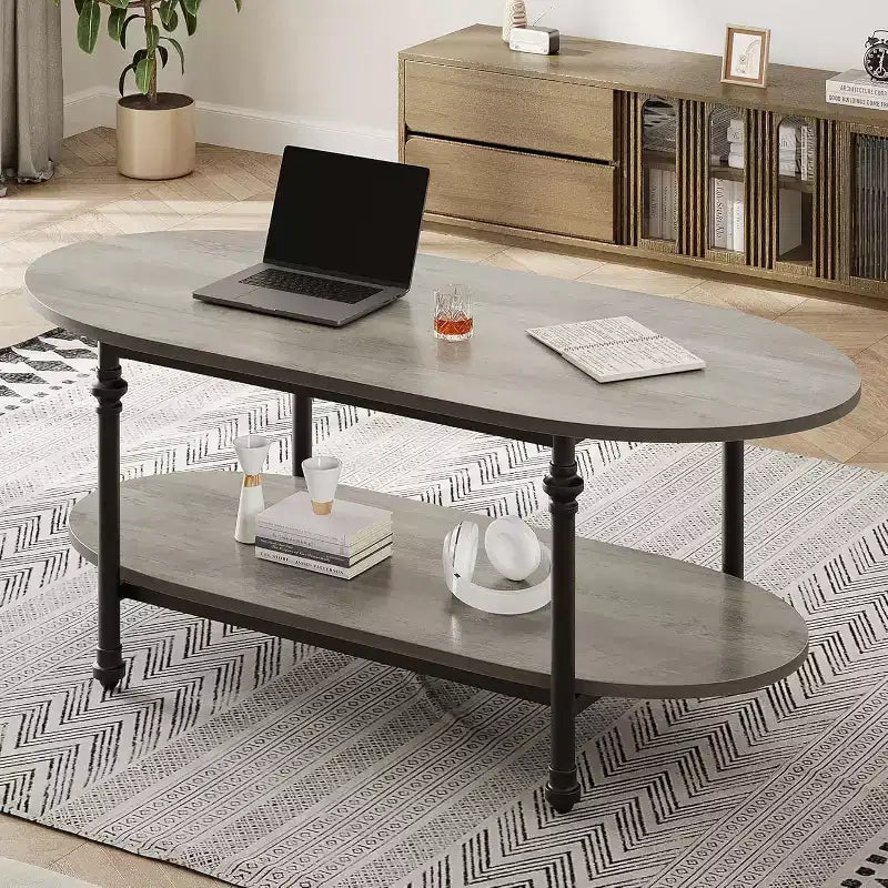 Coffee Table, 2 Tier Wood Oval Coffee Table with Roman Column Metal Legs and Open Shelf, Industrail Center Table Cocktail Tea Table