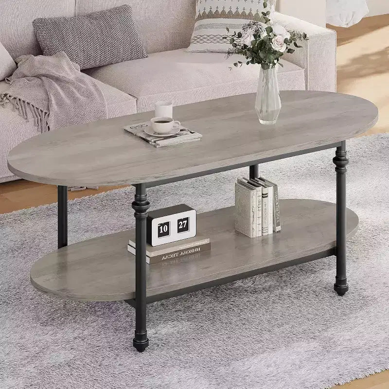 Coffee Table, 2 Tier Wood Oval Coffee Table with Roman Column Metal Legs and Open Shelf, Industrail Center Table Cocktail Tea Table