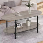 Coffee Table, 2 Tier Wood Oval Coffee Table with Roman Column Metal Legs and Open Shelf, Industrail Center Table Cocktail Tea Table