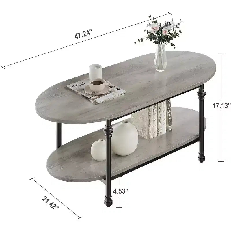 Coffee Table, 2 Tier Wood Oval Coffee Table with Roman Column Metal Legs and Open Shelf, Industrail Center Table Cocktail Tea Table