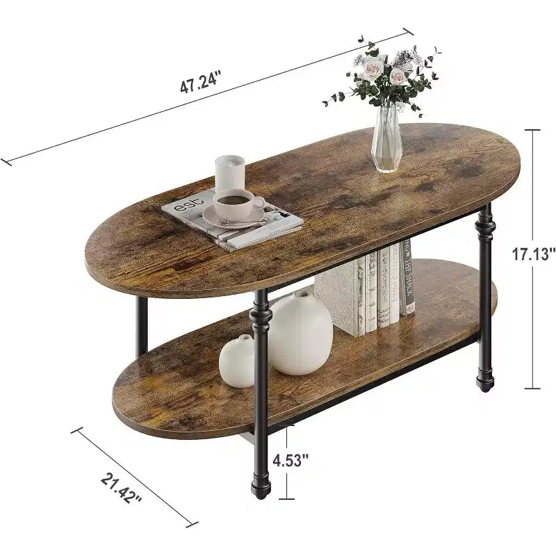 Coffee Table, 2 Tier Wood Oval Coffee Table with Roman Column Metal Legs and Open Shelf, Industrail Center Table Cocktail Tea Table