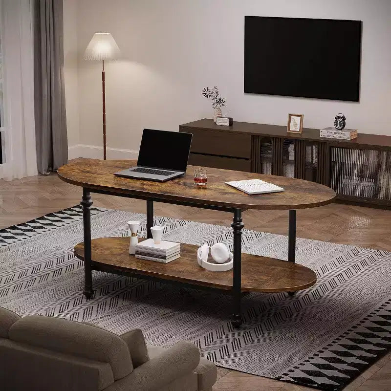Coffee Table, 2 Tier Wood Oval Coffee Table with Roman Column Metal Legs and Open Shelf, Industrail Center Table Cocktail Tea Table