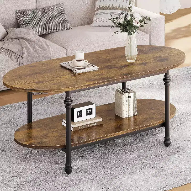 Coffee Table, 2 Tier Wood Oval Coffee Table with Roman Column Metal Legs and Open Shelf, Industrail Center Table Cocktail Tea Table