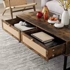 Rattan Coffee Table with 2 Drawer 45.6'' Wood Coffee Table with Storage Boho Dining Table Small Coffee Tables for Living Room