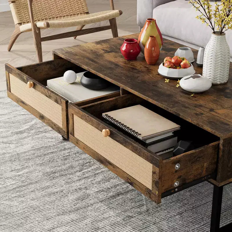 Rattan Coffee Table with 2 Drawer 45.6'' Wood Coffee Table with Storage Boho Dining Table Small Coffee Tables for Living Room