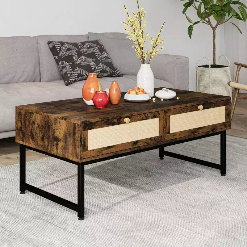 Rattan Coffee Table with 2 Drawer 45.6'' Wood Coffee Table with Storage Boho Dining Table Small Coffee Tables for Living Room