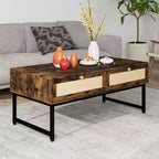 Rattan Coffee Table with 2 Drawer 45.6'' Wood Coffee Table with Storage Boho Dining Table Small Coffee Tables for Living Room