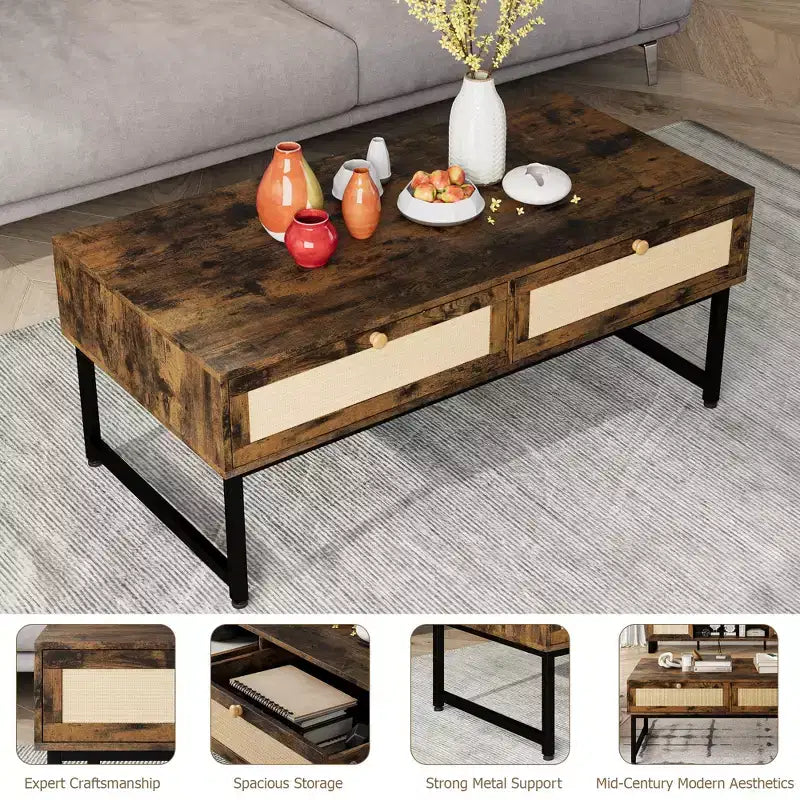 Rattan Coffee Table with 2 Drawer 45.6'' Wood Coffee Table with Storage Boho Dining Table Small Coffee Tables for Living Room