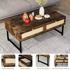 Rattan Coffee Table with 2 Drawer 45.6'' Wood Coffee Table with Storage Boho Dining Table Small Coffee Tables for Living Room